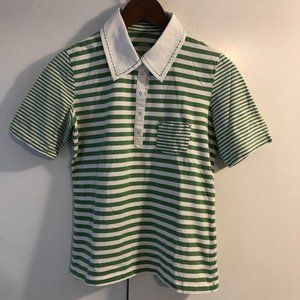 EUC Frank Walder Green White Stitched Collar Short Slv T Shirt Top Size US 6 B71